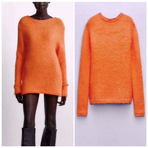 ZARA Sweater Womens Small Orange Long Sleeve Brushed Pullover Knit - Picture 1 of 7